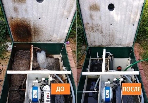 Станция Астра до обслуживания и после с заменой изношенных деталей, промывкой дренажной системы, очисткой от иловых отложений.