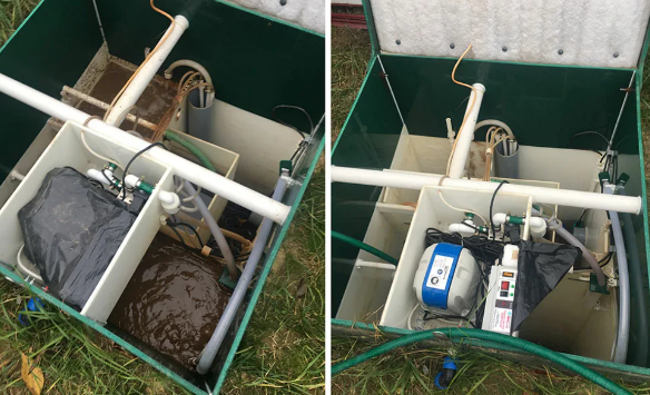 Сравнение вида септика Юнилос Астра перед полным техническим обслуживанием и вида после промывки и очистки систем.